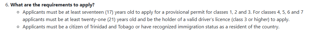 Requirements for drivers permit in Trinidad and Tobago.